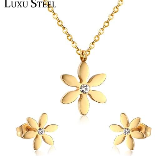 LUXUSTEEL Wedding Jewelry Sets Trendy Style Gold Color Flower Shape Pendant Necklace With Cubic Zirconia Earrings Brinco Party
