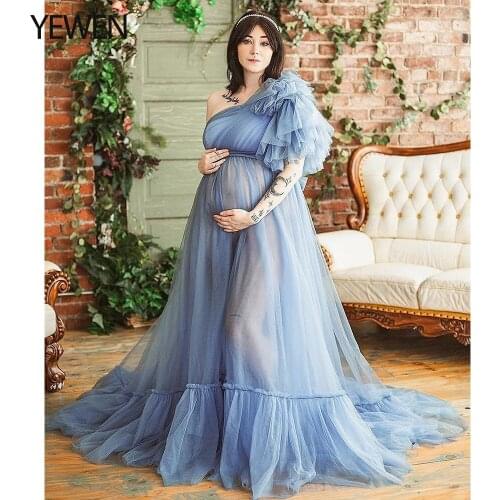 One Shoulder Tulle Maternity Dress Long Maternity Gown for Photo Shoots Photography Baby Shower Dress YEWEN Custom Color