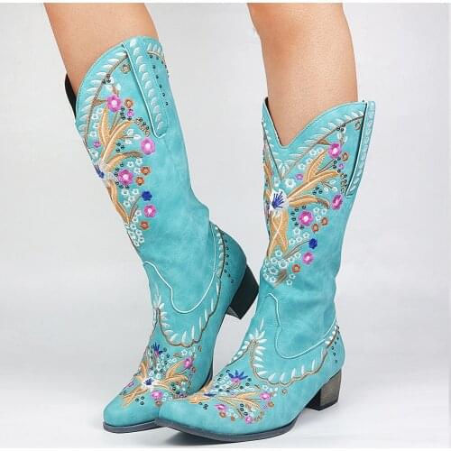 SARAIRIS Fashion Mixed Color Knee-high Great Quality Women Shoes Plus Size 43 Embroider Western Boots