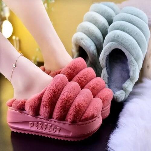 Platform slippers ladies floor plush shoes kroean fashion flannle slides fur slippers women indoor winter shoes