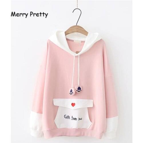 Merry Pretty Womens Letter Embroidery Harajuku Hoodies Sweatshirts 2020 Winter Long Sleeve Cute Hooded Tracksuit Loose Pullover