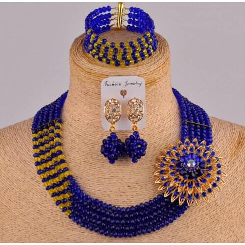 Flash royal blue and yellow costume necklace african jewelry set crystal 5JZ-01