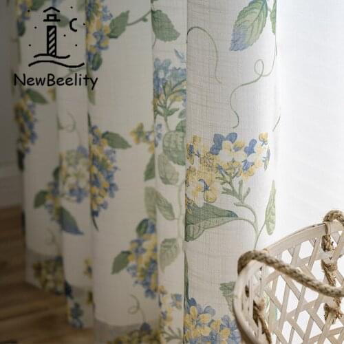 American-Style Country Hydrangea Fresh Cotton and Linen Window Curtain Living Room Curtains for Bedroom Sheer Curtains