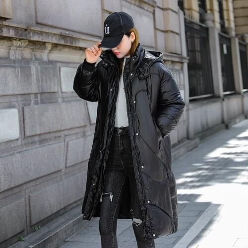 2021 Winter Hooded Casual Black Women Long Parkas Solid Warm Thick Down Cotton Jacket Outwear Zipper Ladies Quilted Puffer Coat