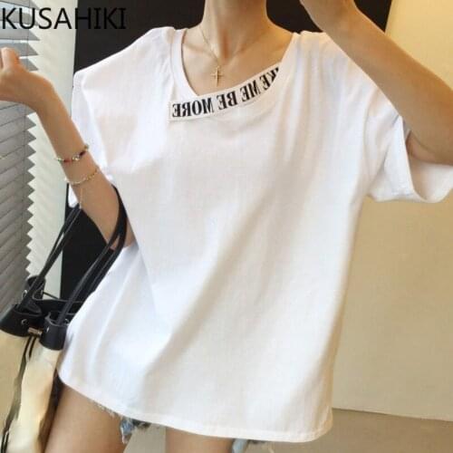 KUSAHIKI Chic Letters Ribbon Patchwork Graphic Tee Korean Short Sleeve T Shirt for Women 2021 New Causal Harajuku Shirt 6K877