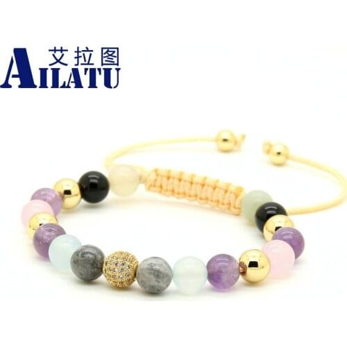 Womens Jewelry 8mm Natural Stone Beads & 8mm Micro Paved Clear Cz Ball Macrame Bracelet Adjustable Size For Lover