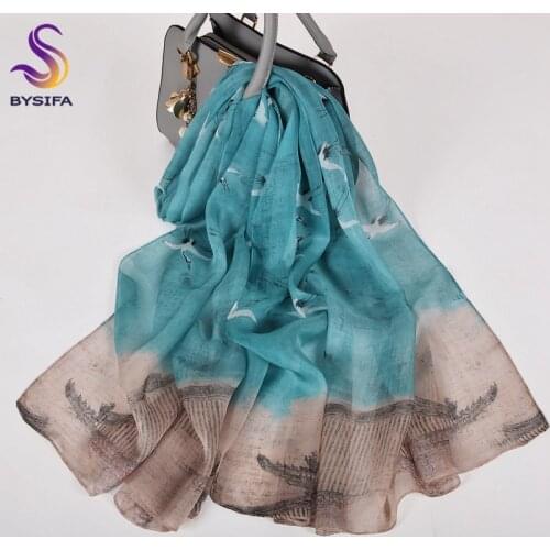 [BYSIFA] Blue 100% Silk Chiffon Scarf Female Brand Butterfly Design Women Long Scarf Beach Shawls Fall Winter Women Neck Scarves