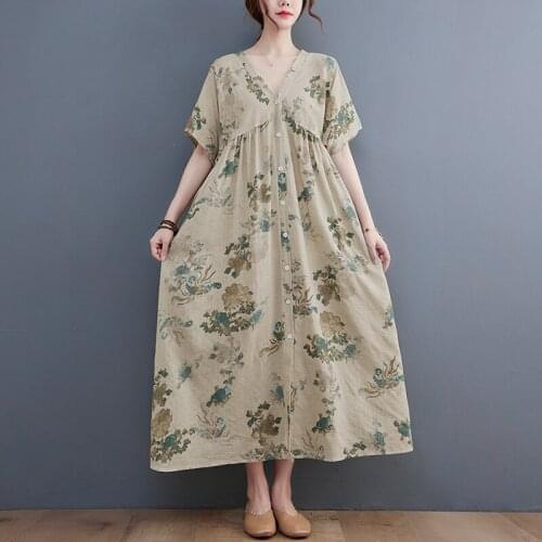 Thin Soft Cotton Linen Print Floral Vintage Dress 2021 New Arrival Button Single Breasted Loose Summer Dress Women Casual Dress