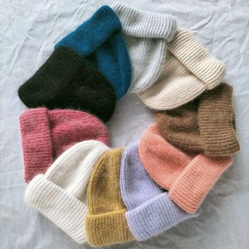 2021 Rabbit Fur Winter Hat for Women Solid Beanie Cashmere Wool Cap Female Knitted Skullies Beanies Warm Soft Knit Hat Bonnet