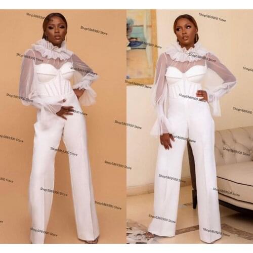 African Jumpsuit Prom Dresses 2021 Illusion Long Sleeve High Neck Vestido De Noiva Black Girl Evening Gown Pant Suit