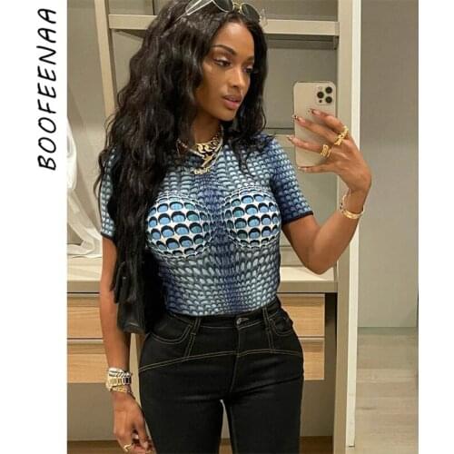 BOOFEENAA 3D Geometric Print Fashion Tops for Women Summer Streetwear Round Neck Short Sleeve Graphic T Shirts C70-BZ15