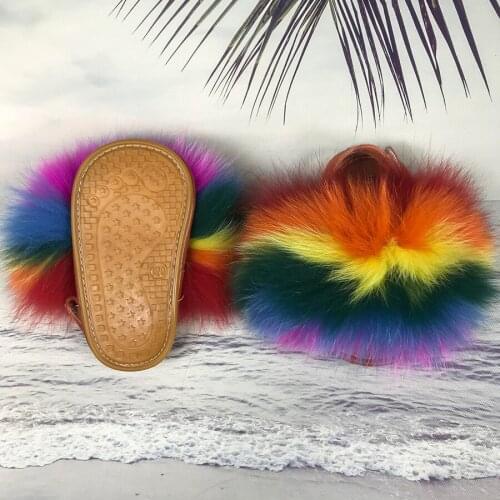 Kids Fur Slippers With Straps Fluffy Raccoon Fur Slides Furry Real Fox Fur Flip Flops Open-toe Sandals