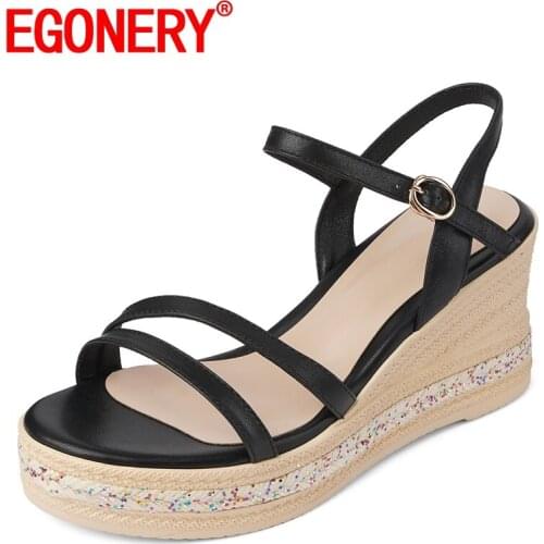 EGONERY Women summer New Style Sandals Slope Heel Round Toe Genuine Leather Leisure Concise Comfortable office lady Mature