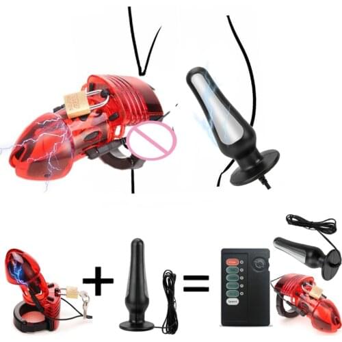 Electro Shock Chastity Device Cock Cage Ball Stretcher,Bdsm Bondage Anal Butt Plug Penis Ring Electric Stimulation Male Sex Toys