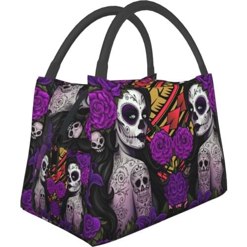 Gothic Girls Skull Lunch Bag Canvas Lunch Box Polynesian Tribal Skull Print Picnic Tote Cloth Handbag Container Food Storage Bag