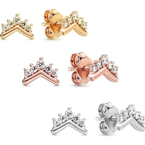 France 2021 Hot Sale Silver Plated Simple Clear CZ Crown Charm Stud Earrings for Women Cute Party Christmas Best Gift Jewelry