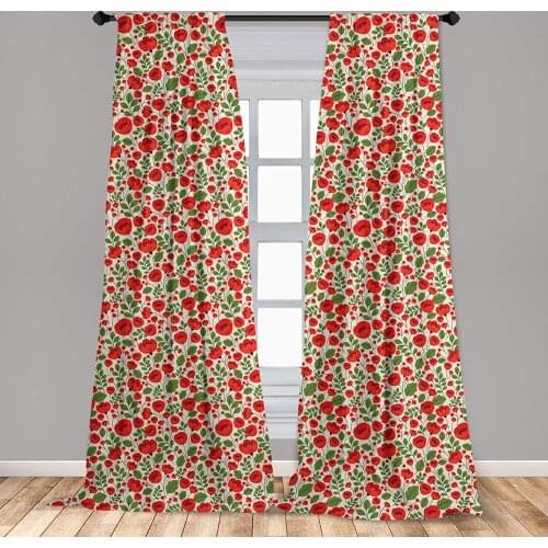 Poppy Curtains in Retro Style with Flowers Petals and Green Foliage Window Treatments for Living Room Bedroom