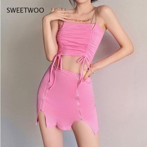 Fashion Elegant Slim Solid Cotton Soft Stretch Two Piece Skirt Set for Women Simple Pink Camisole and Skirt Set Female