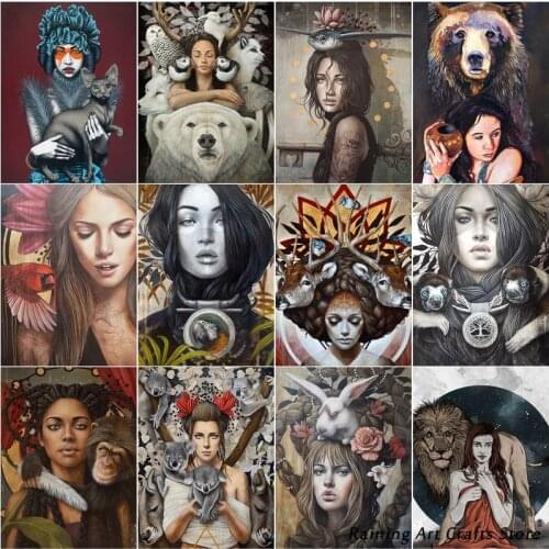 5D Diy Diamond Painting Embroidery Woman and Wild Animal Full Square Round Drill Cross Stitch Kits Mosaic Pictures Home Decor