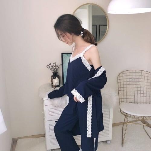 Pajamas Women Autumn Long-Sleeved Comfortable Cotton Home Service Suit Thin Section Sexy Three-Piece Suit Sexy Pijama Mujer