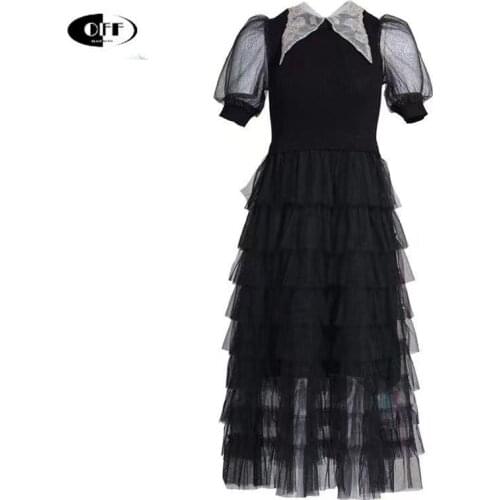 French Fashion Summer Black Dress Kintted Patchwork Mesh Traf Peter Pan Collar Short Sleeve Casual Party Elegant Ruffles Dress Z
