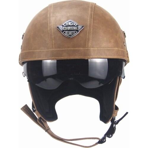 Motorcycle Motorbike Rider Half PU Leather Retro Helmet Visor With Collar Open Face Half Motor with dual lens Sports helmets