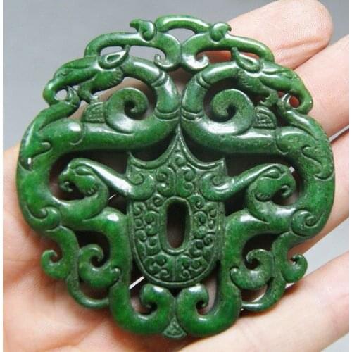 CHINESE OLD HANDWORK GREEN JADE CARVED DRAGON PENDANT Free shipping