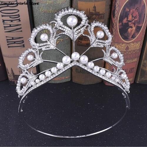 Gorgeous Large Round Princess Peacock Wedding Hair Crown Bride Feather Pearl Rhinestone Diadem Pageant Veil Tiara Hair Ornaments