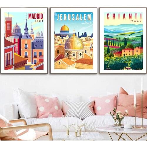 Nordic Vintage Travel Cities Poster Italy Caribbean Chile Minimal Landscape Art Canvas Painting Cityscape Wall Picture Home Deco