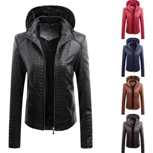 2021 Autumn Winter Womens Top Quality Moto Biker Hooded Fleece Warm Zipper Punk Jacket Ladies Outerwear Leather Slim Jacket Coat