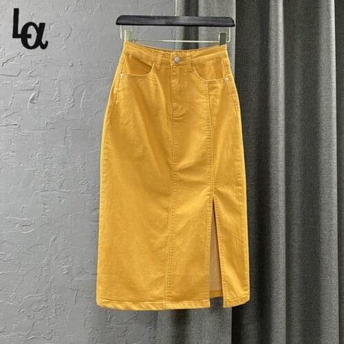 Luck A Chic High Waist Side Slit Denim Mid-Length Skirt Vintage Harajuku Split Jean Skirts Women Clothing Streetwear Yellow Blue