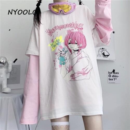 NYOOLO 2020 Autumn Anime cartoon girl nothing worth letters print fake 2 piece patchwock long sleeve T-shirt women Pullovers top