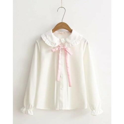 Women Chiffon Ruffle Bowknot Shirt Lapel JK Uniform Blouses Tops
