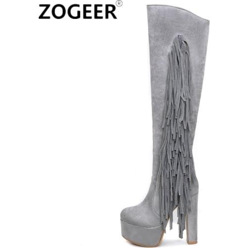 Flock Womens High Knee Boots Fashion Fringe High Heels Boots Ladies Platform Party Evening Fetish Shoes Woman Large Size 48