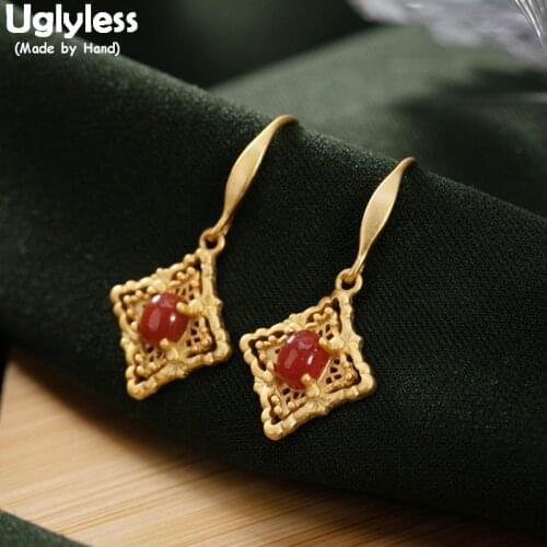 Uglyless Real 925 Silver Vintage Fashion Jewelry for Women Hollow Flower Earrings Agate Palace Dress Earrings Gemstones Brincos