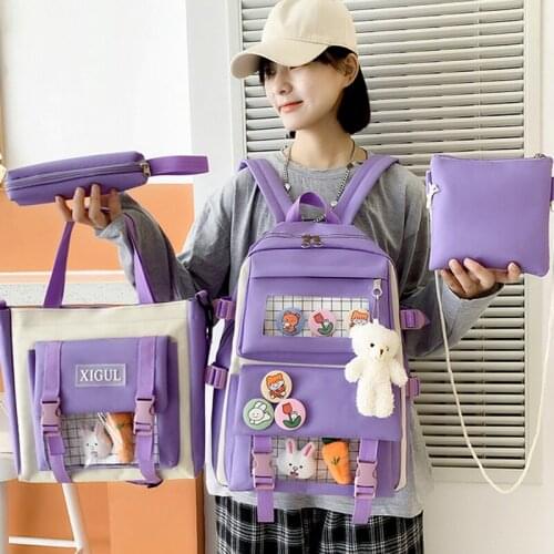 4 Pcs Set Harajuku Women Laptop Backpack Canvas School Bags For Teenage Girls Kawaii College Student Kids Book Bag Rucksack 2021