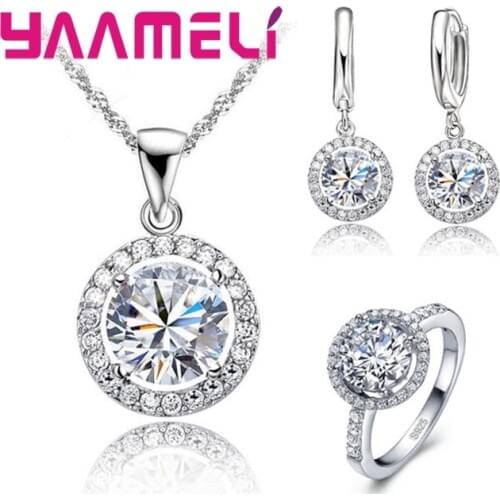 925 Sterling Silver Zircon Jewellery Sets Women Austrian Crystal Wedding Pendant Necklace Earring Ring Jewelry Set Lady