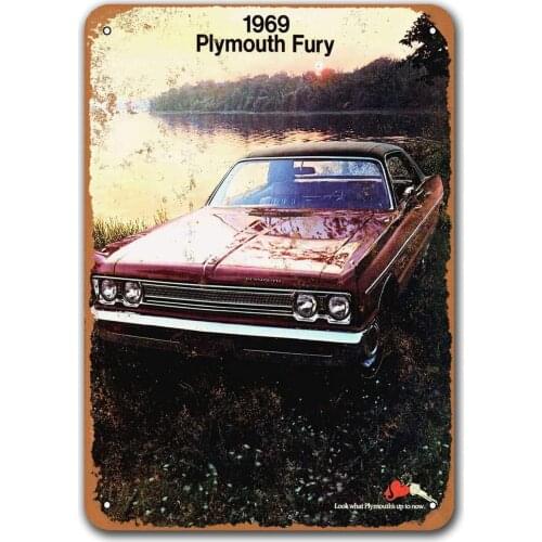 1969 Plymouth Fury Old Car Tin Sign, Sisoso Vintage Metal Plaques Poster Bar Garage Retro Wall Decor
