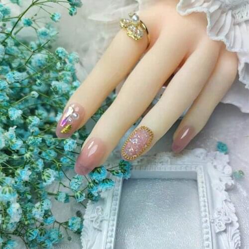 24pcs Pearl Decor Fake Nail Patch Short Round Head Lady Women Nail Tips With Rhinestone Decor Full Cover False Nail Patch