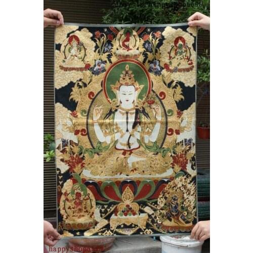 36" Tibet Buddhism Silk Cloth 4 Arms Kwan-Yin GuanYin Embroidery Mural Thangka