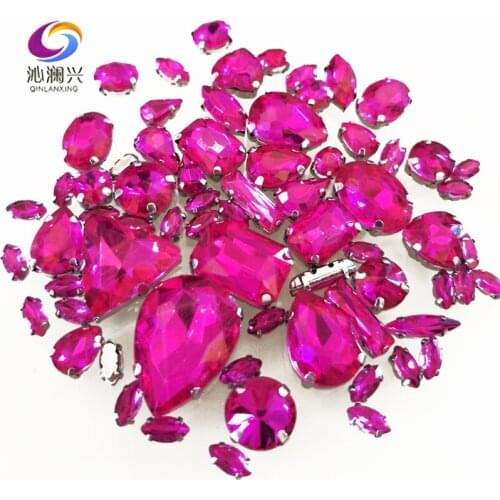 68pcs/pack Rose Red Color Mix Shape Crystal Glass Claw Rhinestone,Silver Base Flatback Sew on Stones Diy/Gewelry accessory SWMH