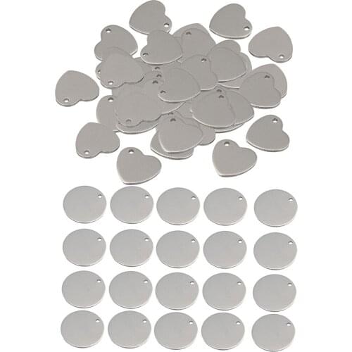 70Pcs 14mm/6mm Stainless Steel Metal Flat Blank Coin Stamping Heart Round with Hole Tag Pendants Charms 14mm Jewelry Making