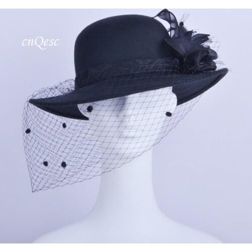 Black felt hat Winter hat Church hat with flower feathers veiling for Wedding Derby