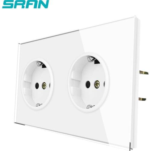 SRAN EU Standard Electrical outlets, White crystal full glass panel, AC 110~250V 16A Multiple European Plug Sockets