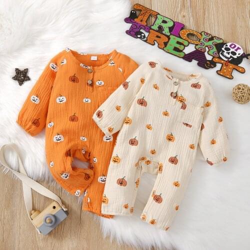 FOCUSNORM Halloween Infant Baby Girls Boys Rompers 0-24M Pumpkin Printing Long Sleeve Lovely Jumpsuits 2 Colors