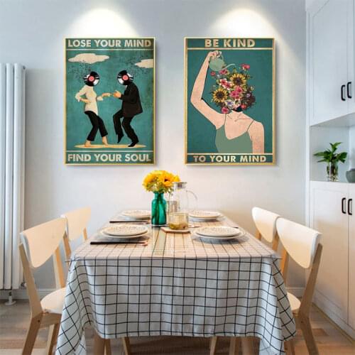 Mental Health Art Be Kind To Your Mind Quotes Canvas Painting Posters and Prints Dancing Together Vintage Wall Art Living Room
