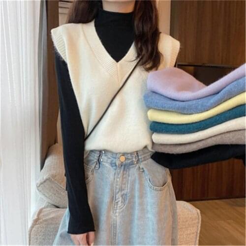 Korean 2021 Spring Autumn New Solid Basic Tank Tops V-Neck Knitted Vest Women Casual Loose Sleeveless Pullover Sweater tops