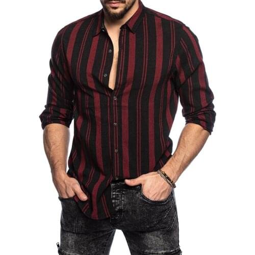 2021 Mens Shirt Striped Turn-Down Collar Office Thin Slim Long Sleeve Shirt Business Mens Tops Red/Brown/Gray