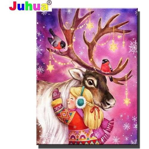 2022 New,diamond embroidery Deer Girl Christmas diamond painting full square round drill diamond mosaic Animal Handicraft Gift