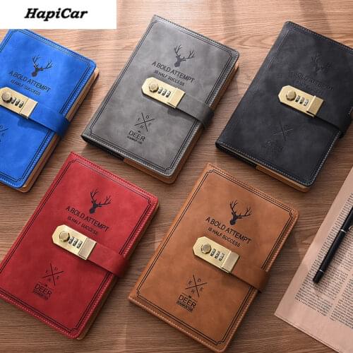 Password A5 Notebook With Lock 200Pages Writing Pads Lockable Notepad Diary School Supplies Student Secret PU Leather